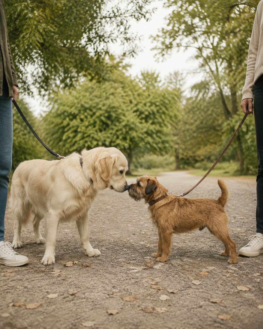 Two dogs saying hello on a walk