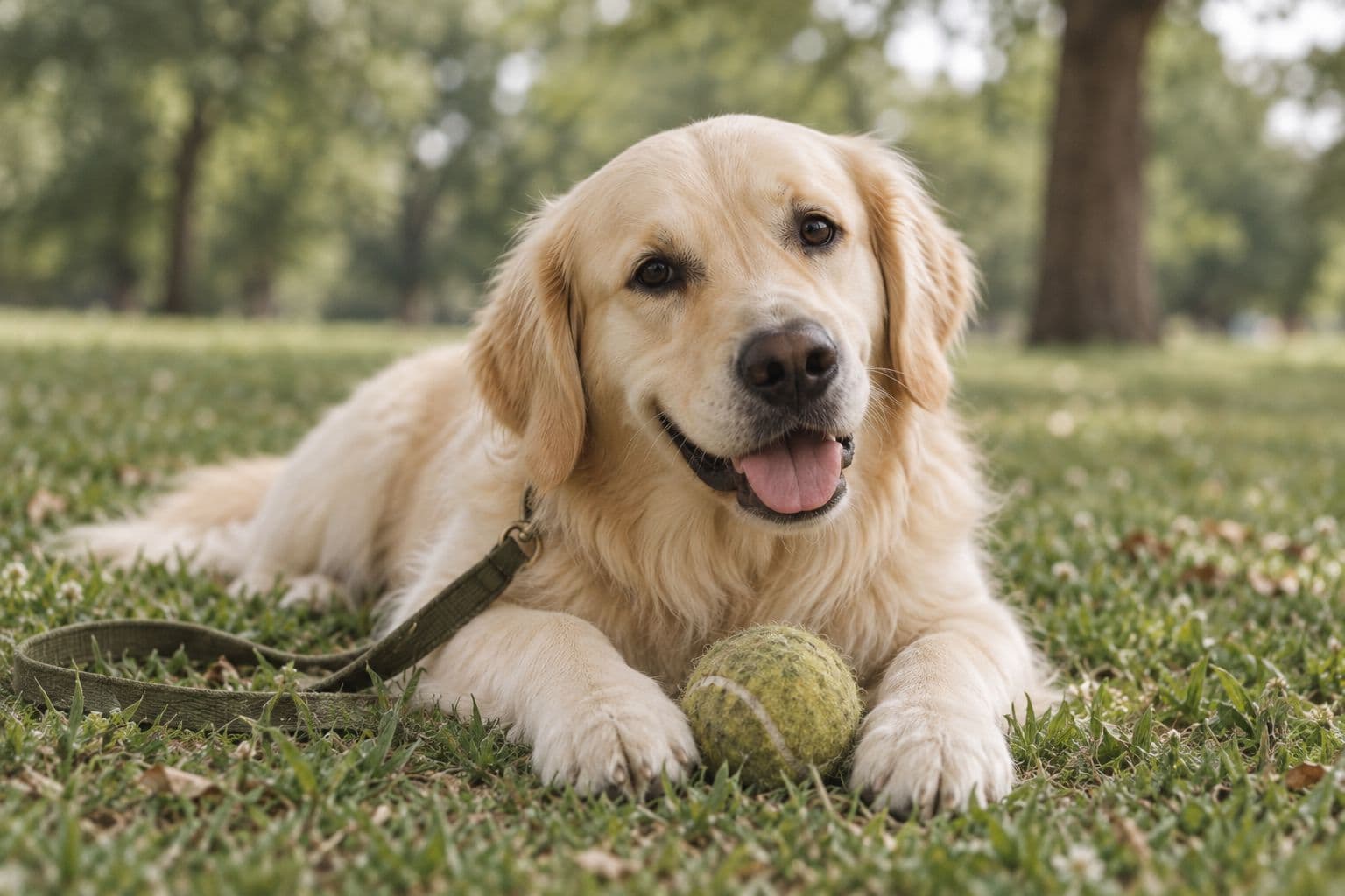 Milo in the park with a tennis ball