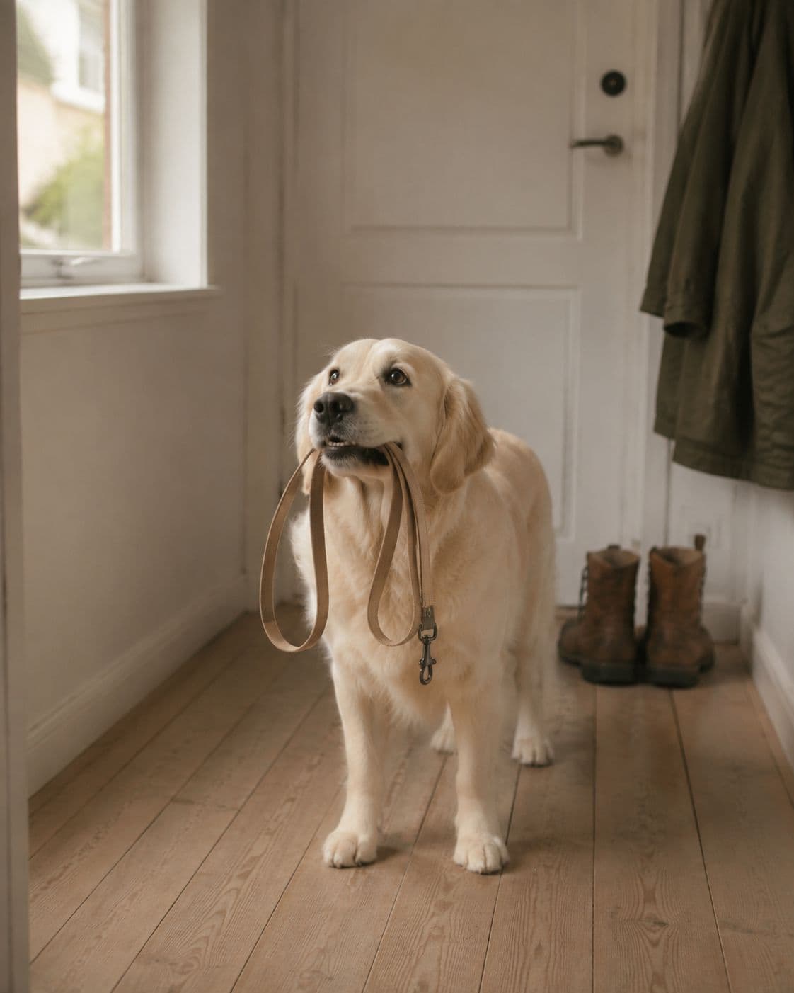 Milo ready for a walk, lead in mouth