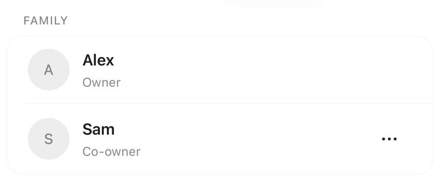 The family list on Milo’s profile: Alex is the owner and Sam a co-owner