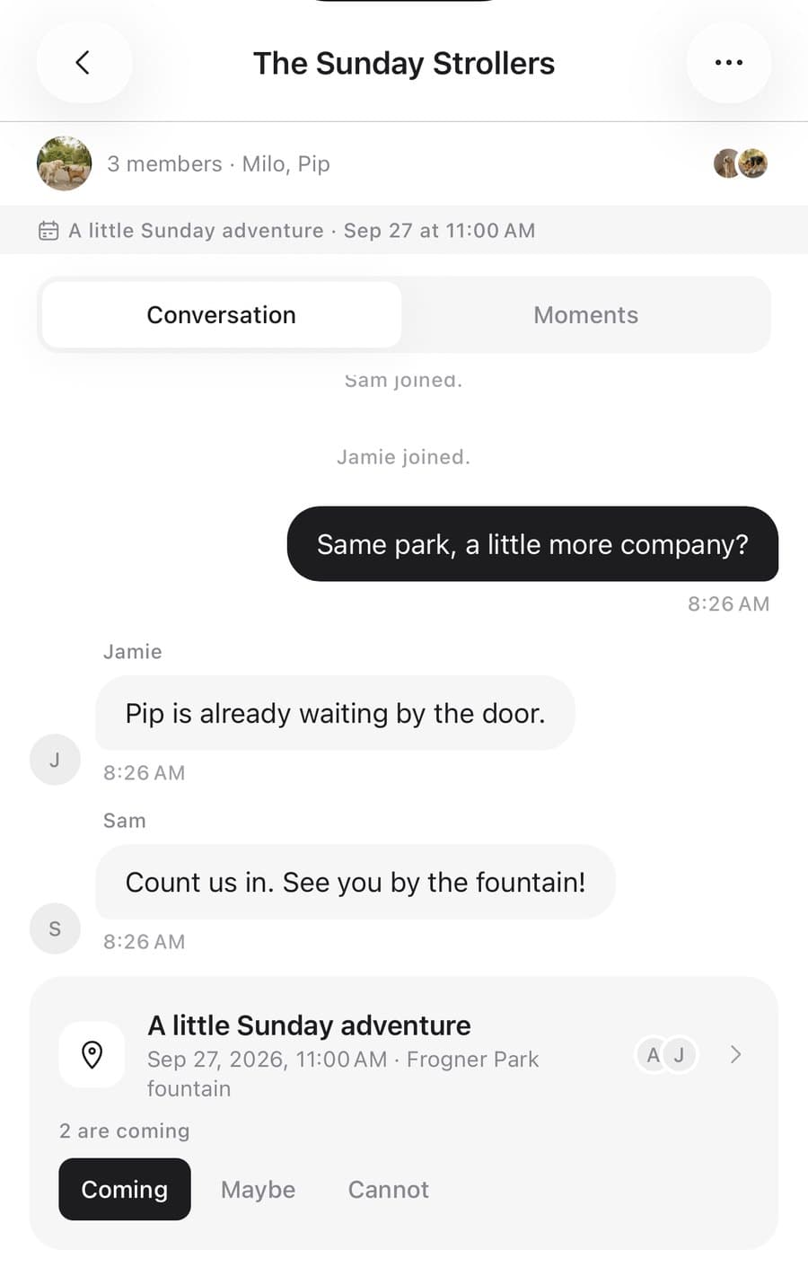 A pack conversation where friends plan a Sunday walk