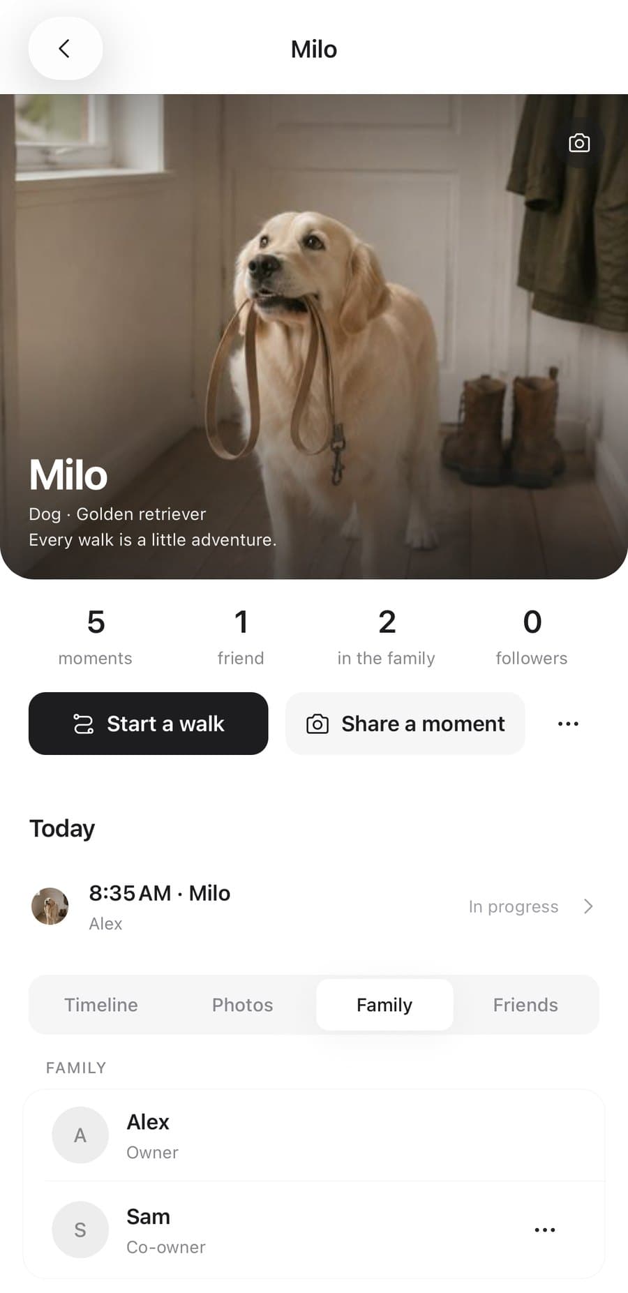 Milo’s profile with family, walks and moments