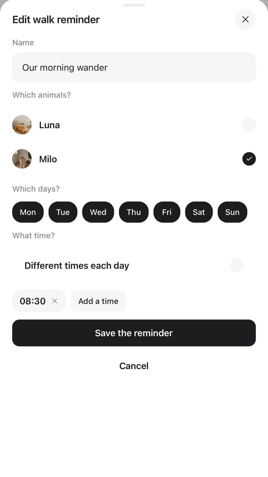 Walk reminder settings with days and a time